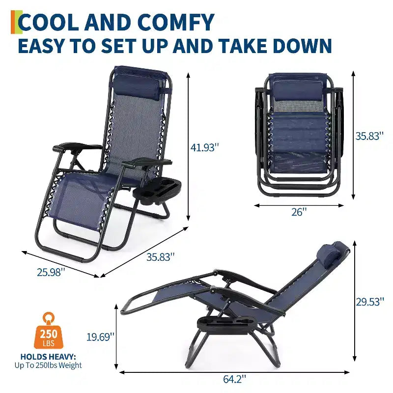 Patio Lounge Chairs Set of 2 with Side Tray & Headrest, Heavy Duty Steel Folding Outdoor Recliner, Adjustable Portable Camping Lawn Chairs for Yard