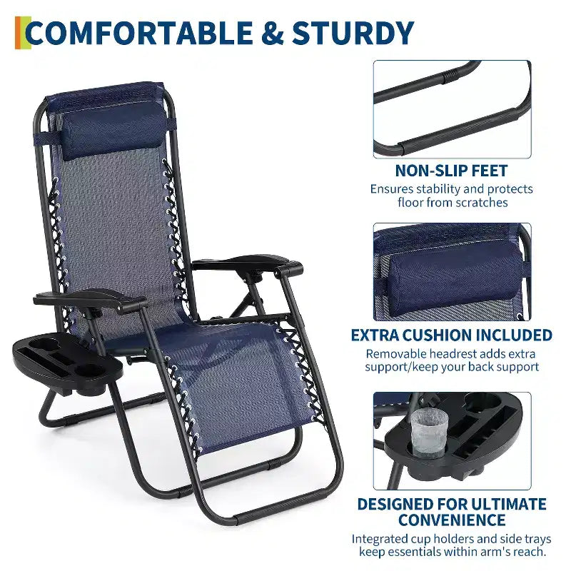Patio Lounge Chairs Set of 2 with Side Tray & Headrest, Heavy Duty Steel Folding Outdoor Recliner, Adjustable Portable Camping Lawn Chairs for Yard