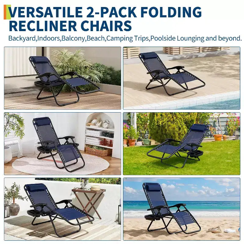 Patio Lounge Chairs Set of 2 with Side Tray & Headrest, Heavy Duty Steel Folding Outdoor Recliner, Adjustable Portable Camping Lawn Chairs for Yard