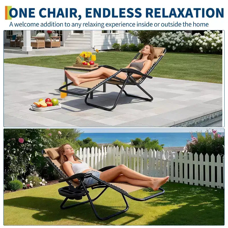 Patio Lounge Chairs Set of 2 with Side Tray & Headrest, Heavy Duty Steel Folding Outdoor Recliner, Adjustable Portable Camping Lawn Chairs for Yard