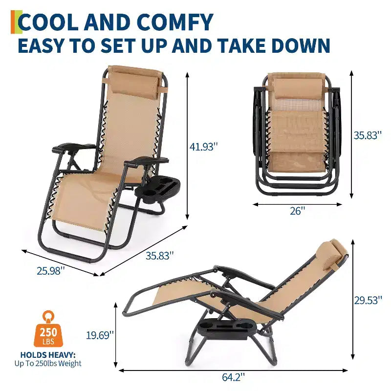 Patio Lounge Chairs Set of 2 with Side Tray & Headrest, Heavy Duty Steel Folding Outdoor Recliner, Adjustable Portable Camping Lawn Chairs for Yard