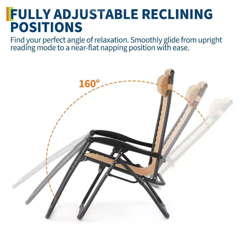 Patio Lounge Chairs Set of 2 with Side Tray & Headrest, Heavy Duty Steel Folding Outdoor Recliner, Adjustable Portable Camping Lawn Chairs for Yard