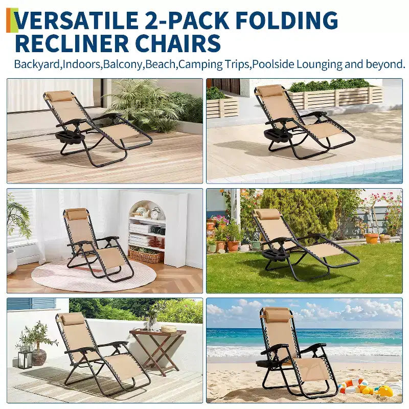 Patio Lounge Chairs Set of 2 with Side Tray & Headrest, Heavy Duty Steel Folding Outdoor Recliner, Adjustable Portable Camping Lawn Chairs for Yard