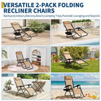 Patio Lounge Chairs Set of 2 with Side Tray & Headrest, Heavy Duty Steel Folding Outdoor Recliner, Adjustable Portable Camping Lawn Chairs for Yard