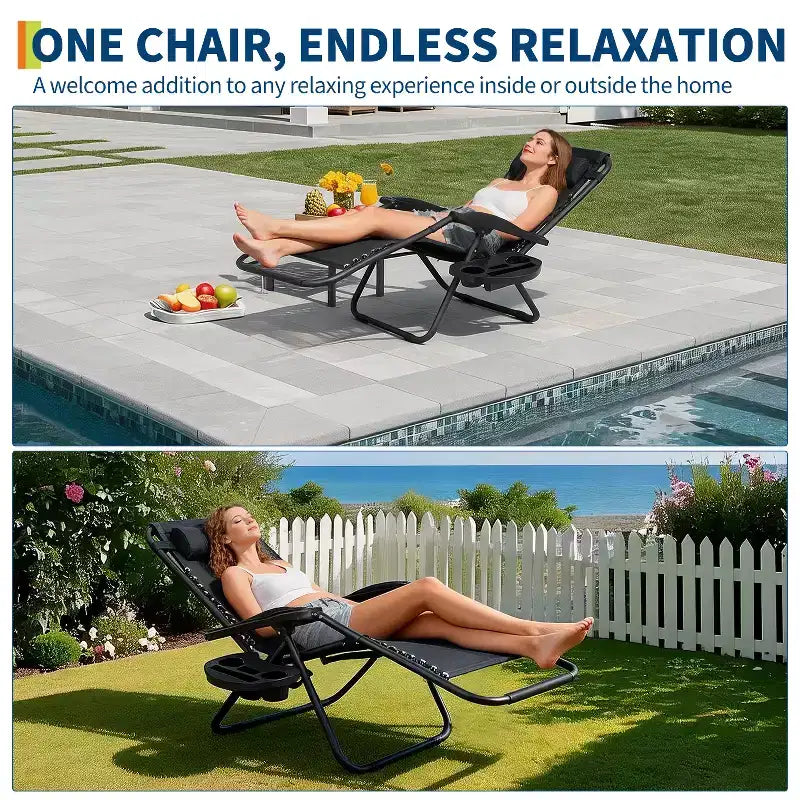 Patio Lounge Chairs Set of 2 with Side Tray & Headrest, Heavy Duty Steel Folding Outdoor Recliner, Adjustable Portable Camping Lawn Chairs for Yard