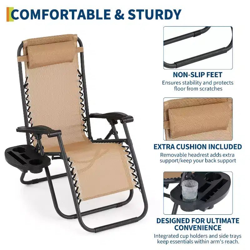 Patio Lounge Chairs Set of 2 with Side Tray & Headrest, Heavy Duty Steel Folding Outdoor Recliner, Adjustable Portable Camping Lawn Chairs for Yard