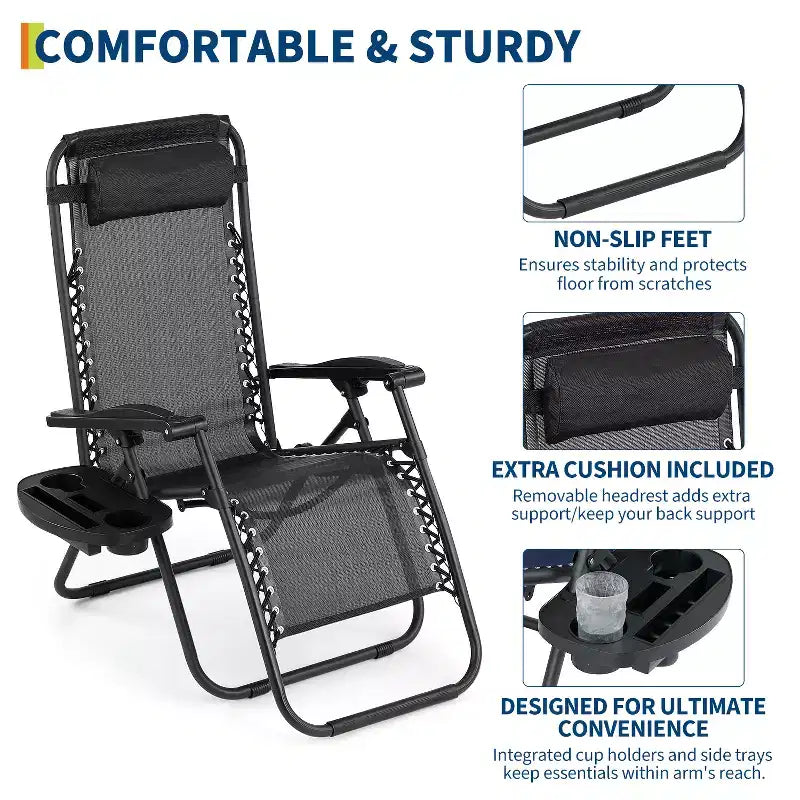 Patio Lounge Chairs Set of 2 with Side Tray & Headrest, Heavy Duty Steel Folding Outdoor Recliner, Adjustable Portable Camping Lawn Chairs for Yard