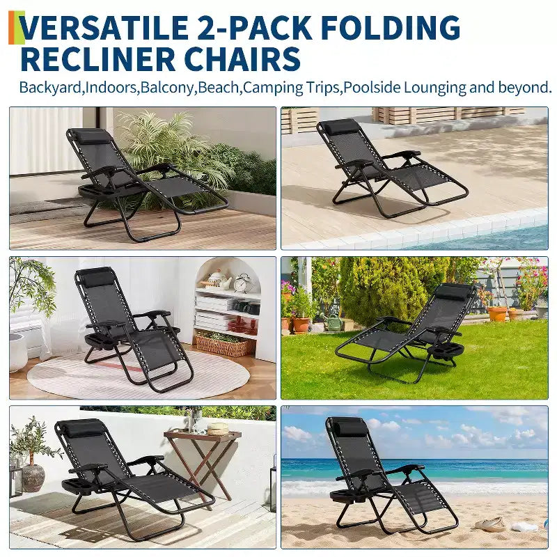 Patio Lounge Chairs Set of 2 with Side Tray & Headrest, Heavy Duty Steel Folding Outdoor Recliner, Adjustable Portable Camping Lawn Chairs for Yard