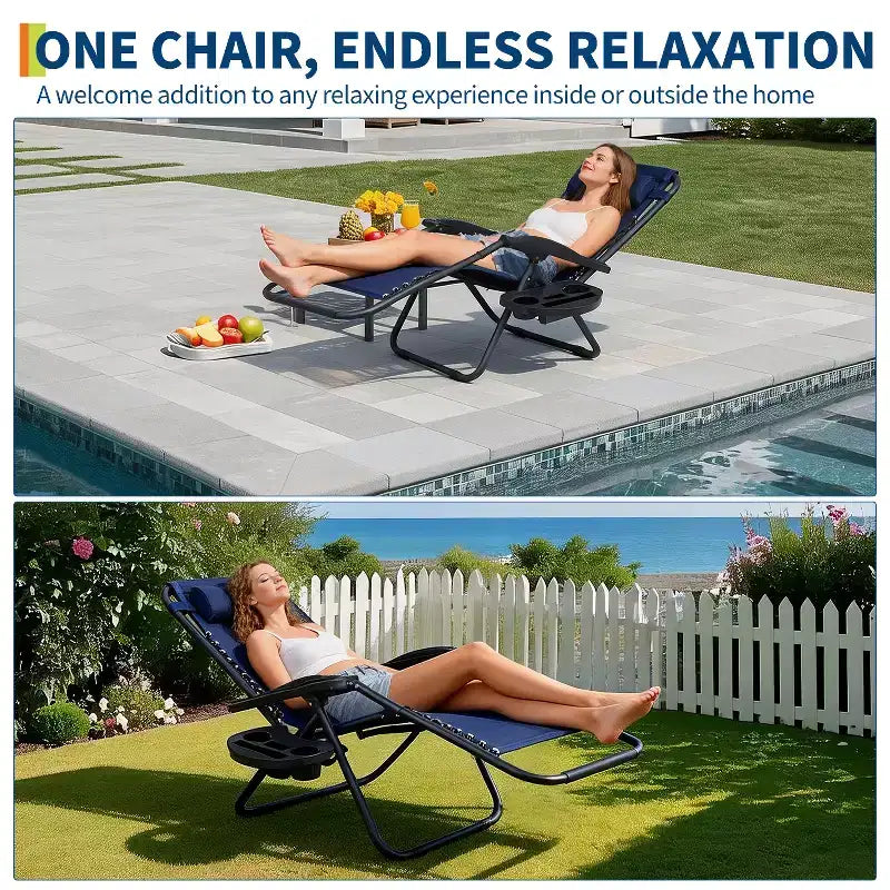 Patio Lounge Chairs Set of 2 with Side Tray & Headrest, Heavy Duty Steel Folding Outdoor Recliner, Adjustable Portable Camping Lawn Chairs for Yard