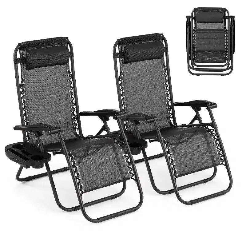 Patio Lounge Chairs Set of 2 with Side Tray & Headrest, Heavy Duty Steel Folding Outdoor Recliner, Adjustable Portable Camping Lawn Chairs for Yard