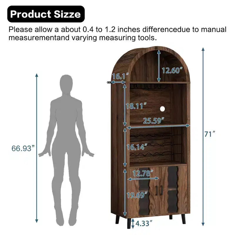 JVNOXK 71''Farmhouse-Style Arched Display Cabinet with Wine Rack and Glass Holder Wine Storage Cabinet for Dining Rooms and Living Rooms, Walnut
