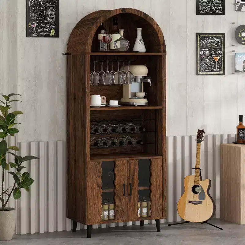 JVNOXK 71''Farmhouse-Style Arched Display Cabinet with Wine Rack and Glass Holder Wine Storage Cabinet for Dining Rooms and Living Rooms, Walnut