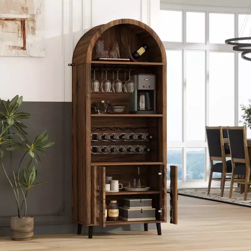 JVNOXK 71''Farmhouse-Style Arched Display Cabinet with Wine Rack and Glass Holder Wine Storage Cabinet for Dining Rooms and Living Rooms, Walnut