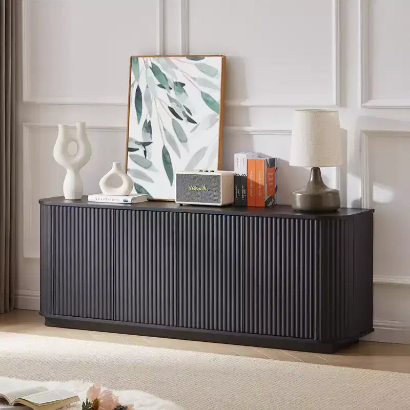 JVNOXK 64 Wave Pattern Sideboard Cabinet, Wooden TV Stand & Storage Buffet with Vertical Stripes for Living Room, Kitchen & Entryway, Black