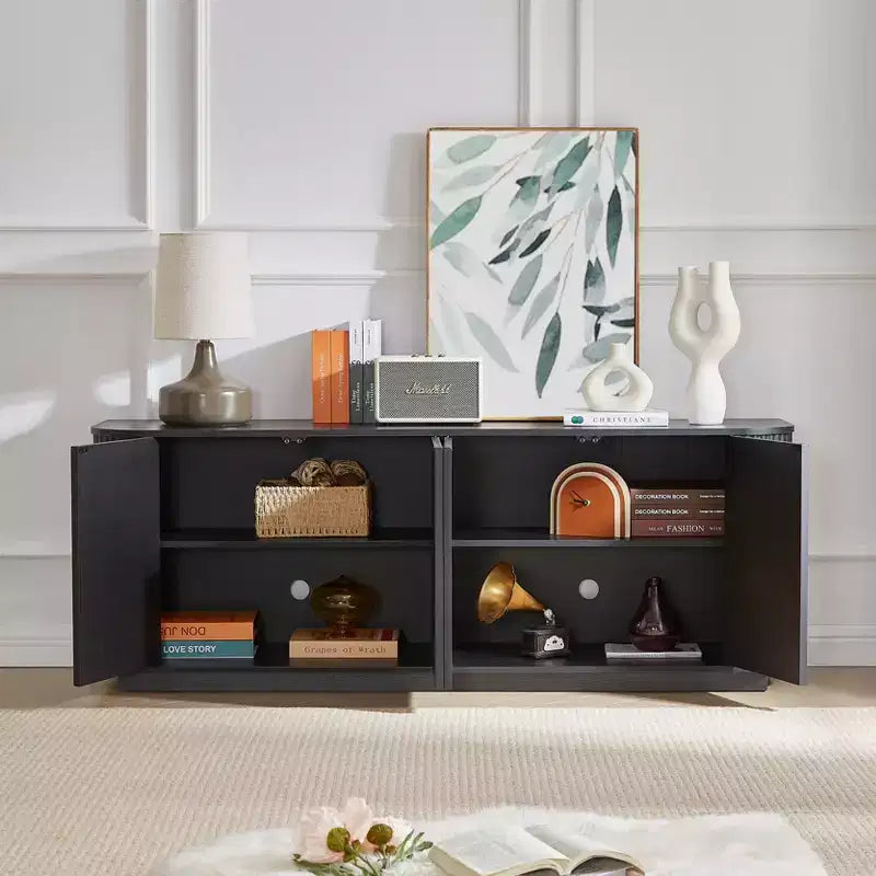 JVNOXK 64 Wave Pattern Sideboard Cabinet, Wooden TV Stand & Storage Buffet with Vertical Stripes for Living Room, Kitchen & Entryway, Black