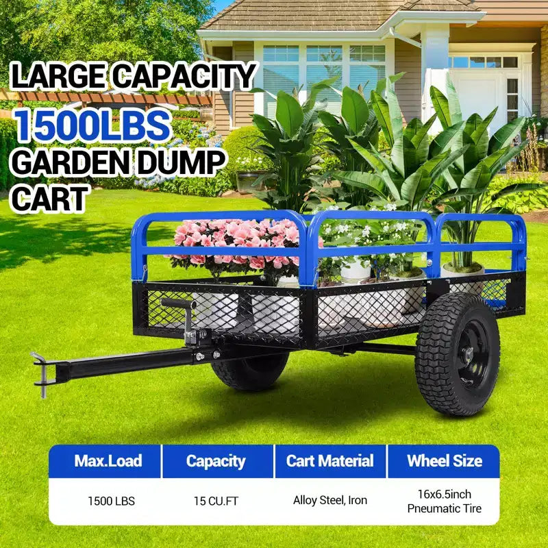 Rimorchio ribaltabile per ATV in acciaio per impieghi gravosi con capacità di 680 kg, carrello multiuso da 425 litri con sponde rimovibili per giardino e cortile