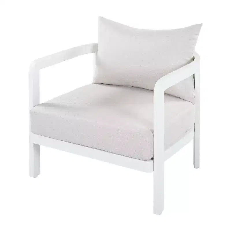 Poltrona da esterno ModernLuxe in alluminio, poltrona moderna inossidabile da giardino con cuscino beige, sedia da salotto per il cortile