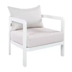 Poltrona da esterno ModernLuxe in alluminio, poltrona moderna inossidabile da giardino con cuscino beige, sedia da salotto per il cortile