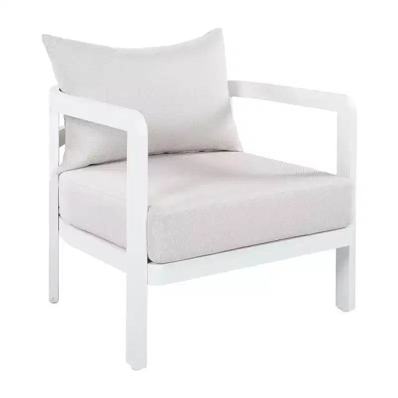 Poltrona da esterno ModernLuxe in alluminio, poltrona moderna inossidabile da giardino con cuscino beige, sedia da salotto per il cortile