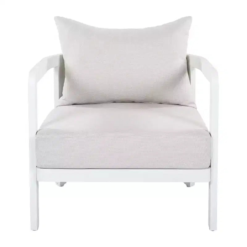 Poltrona da esterno ModernLuxe in alluminio, poltrona moderna inossidabile da giardino con cuscino beige, sedia da salotto per il cortile