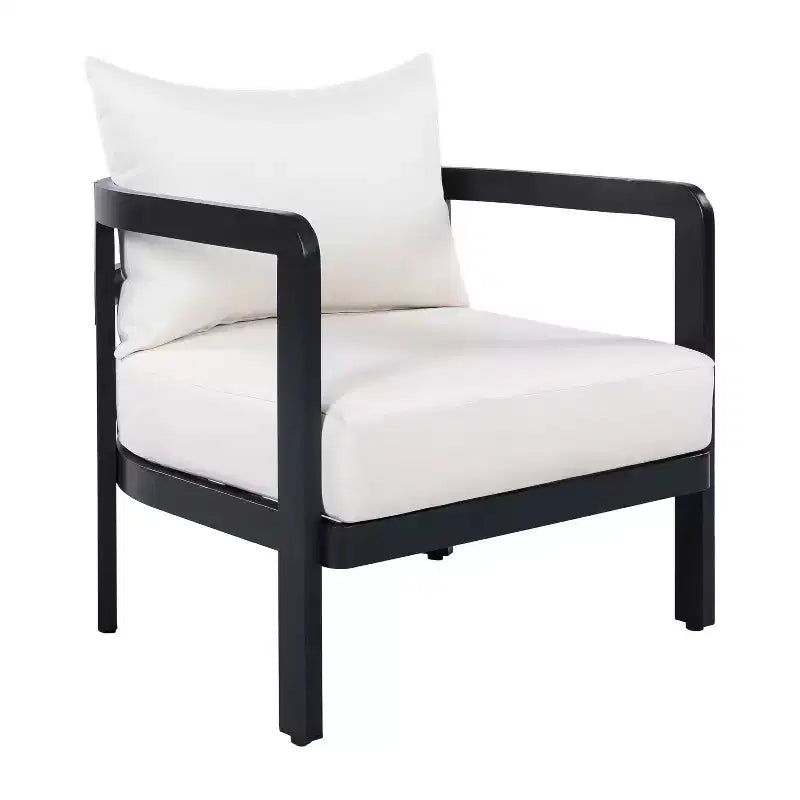 Poltrona da esterno ModernLuxe in alluminio, poltrona moderna inossidabile da giardino con cuscino beige, sedia da salotto per il cortile