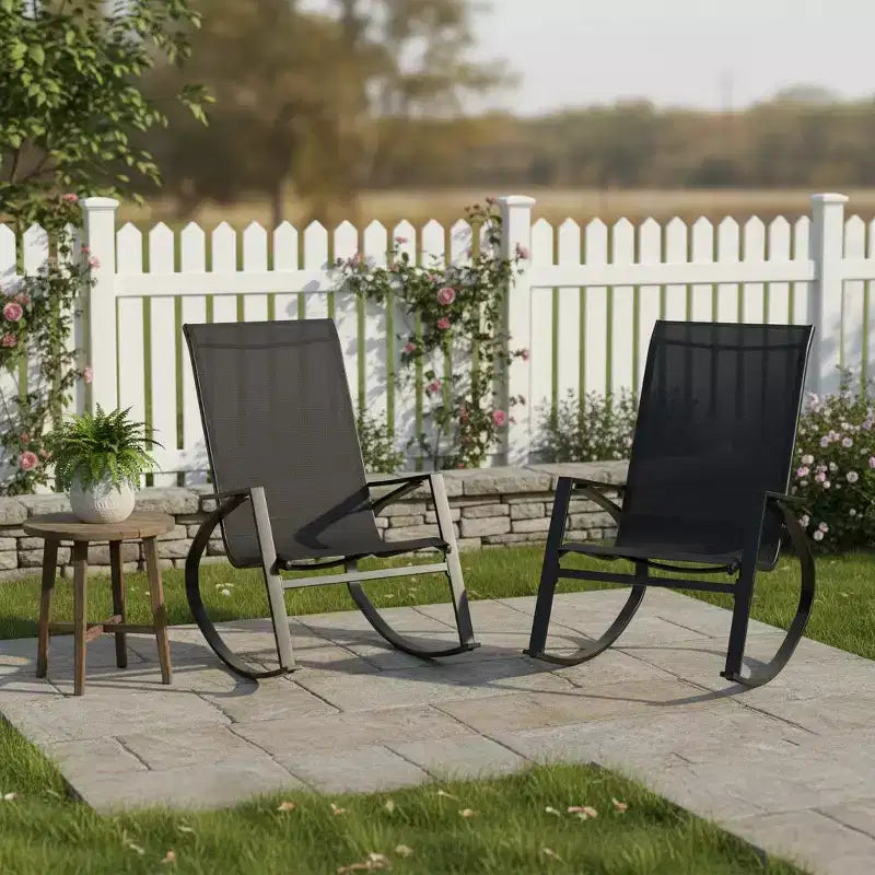 Gymax 2PC Outdoor Rocking Chairs Featuring Ergonomic Backrests and Secure Stoppers Black