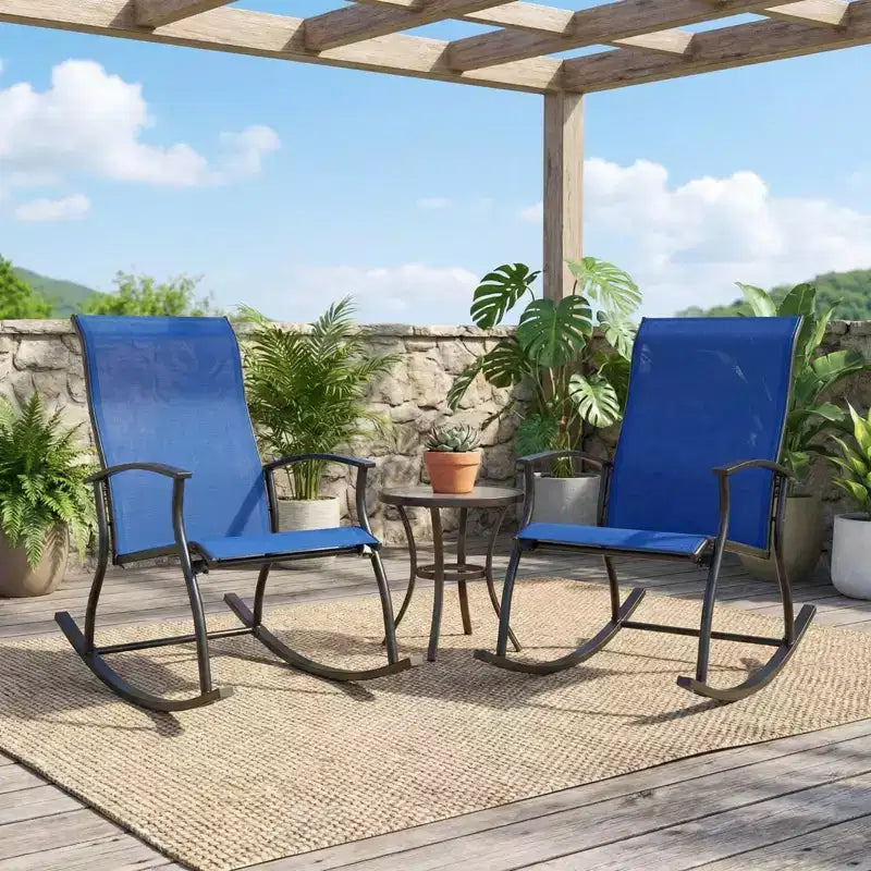 Gymax 2PC/4PC Outdoor Rocking Chairs with Ventilated Backrest and Smooth Secure Rocking Motion Navy + Black/Brown + Black/Black