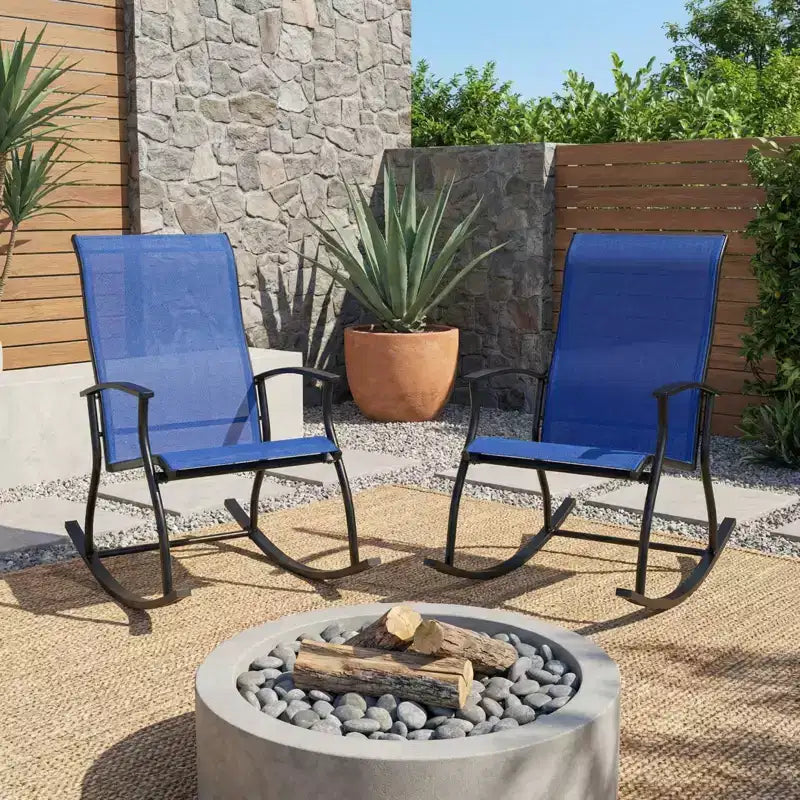 Gymax 2PC/4PC Outdoor Rocking Chairs with Ventilated Backrest and Smooth Secure Rocking Motion Navy + Black/Brown + Black/Black