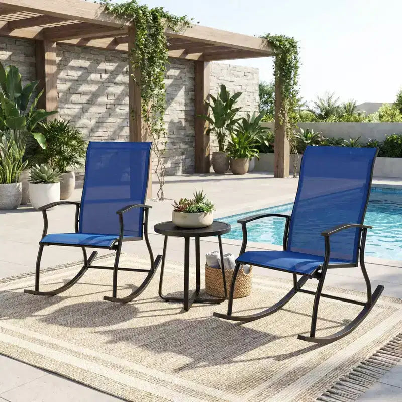 Gymax 2PC/4PC Outdoor Rocking Chairs with Ventilated Backrest and Smooth Secure Rocking Motion Navy + Black/Brown + Black/Black