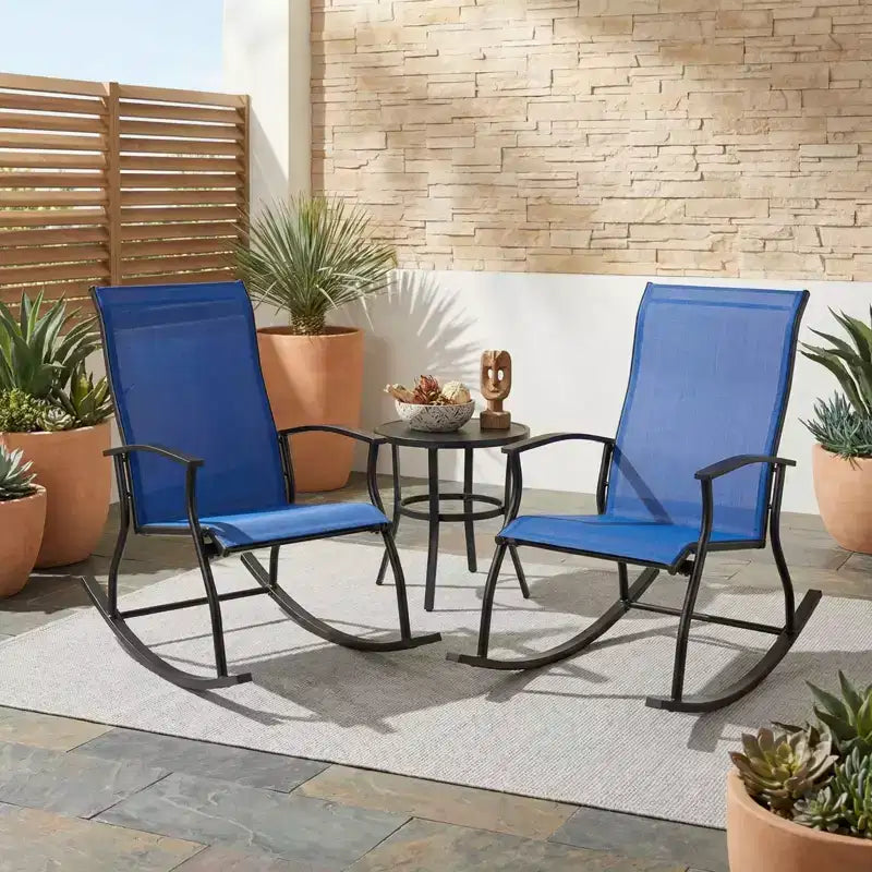 Gymax 2PC/4PC Outdoor Rocking Chairs with Ventilated Backrest and Smooth Secure Rocking Motion Navy + Black/Brown + Black/Black