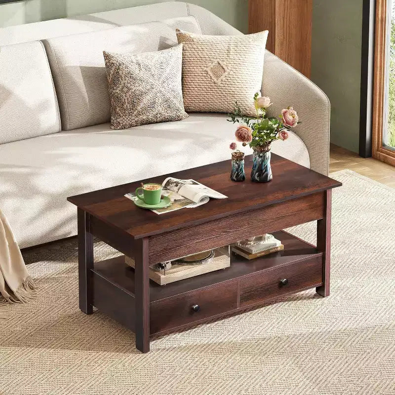DEXYLLO Coffee Table, Lift Tabletop for Living Room & Dining Table, Lift Coffee Table with 2 Drawers, Large Storage and Open Shelf
