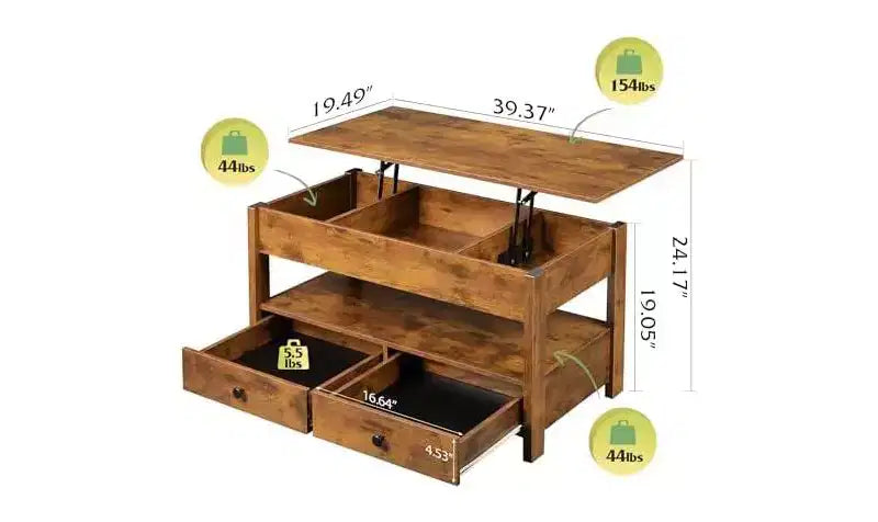 DEXYLLO Coffee Table, Lift Tabletop for Living Room & Dining Table, Lift Coffee Table with 2 Drawers, Large Storage and Open Shelf