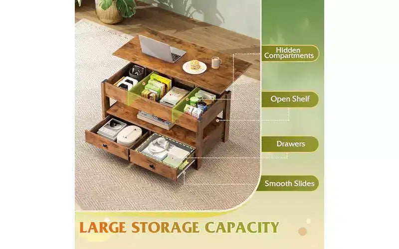 DEXYLLO Coffee Table, Lift Tabletop for Living Room & Dining Table, Lift Coffee Table with 2 Drawers, Large Storage and Open Shelf