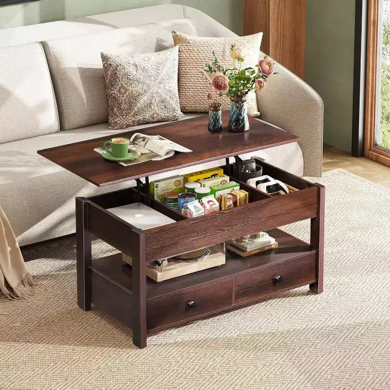 DEXYLLO Coffee Table, Lift Tabletop for Living Room & Dining Table, Lift Coffee Table with 2 Drawers, Large Storage and Open Shelf