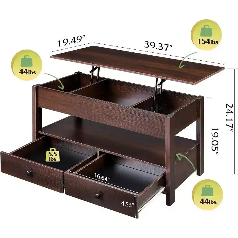 DEXYLLO Coffee Table, Lift Tabletop for Living Room & Dining Table, Lift Coffee Table with 2 Drawers, Large Storage and Open Shelf