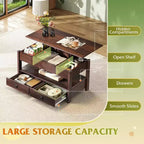 DEXYLLO Coffee Table, Lift Tabletop for Living Room & Dining Table, Lift Coffee Table with 2 Drawers, Large Storage and Open Shelf
