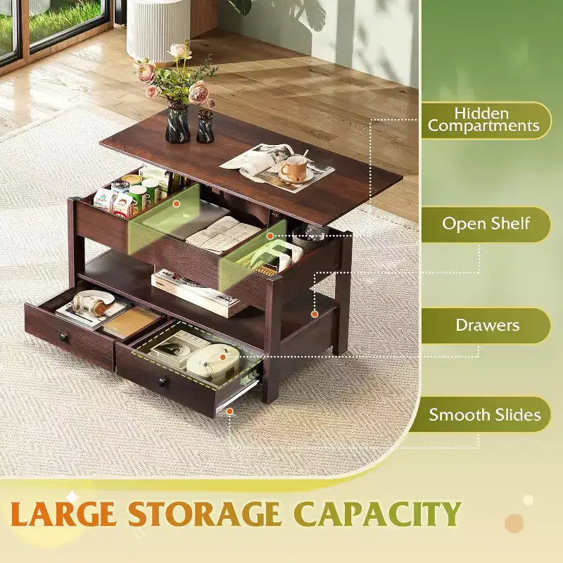 DEXYLLO Coffee Table, Lift Tabletop for Living Room & Dining Table, Lift Coffee Table with 2 Drawers, Large Storage and Open Shelf