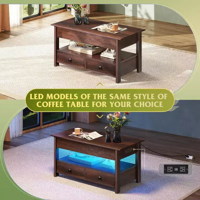 DEXYLLO Coffee Table, Lift Tabletop for Living Room & Dining Table, Lift Coffee Table with 2 Drawers, Large Storage and Open Shelf