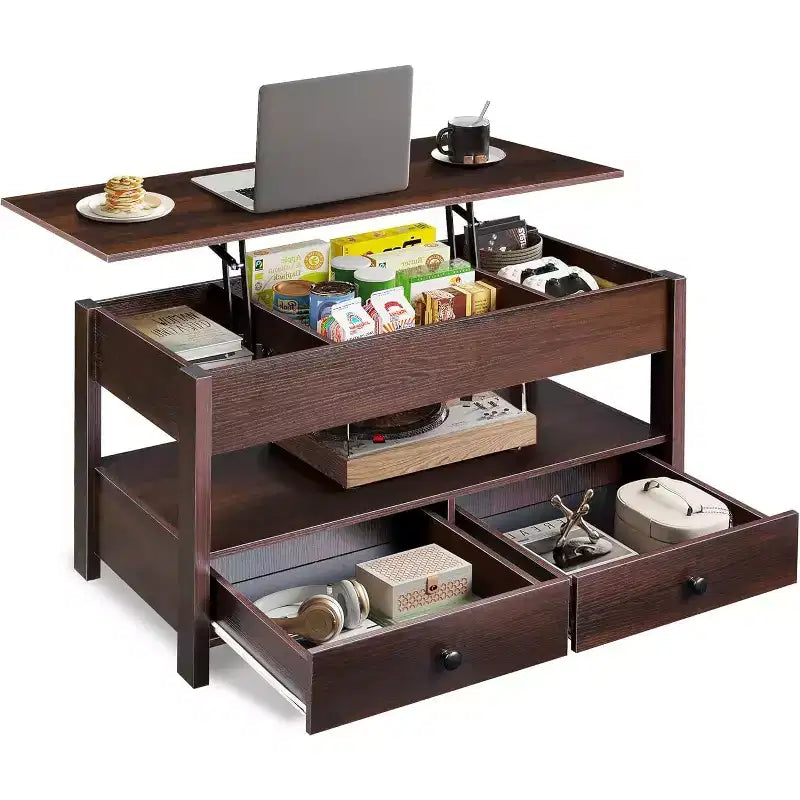 Tavolino da salotto DEXYLLO, Tavolino alzabile per soggiorno e sala da pranzo, Tavolino elevabile con 2 cassetti, Ampio spazio di archiviazione e ripiano aperto