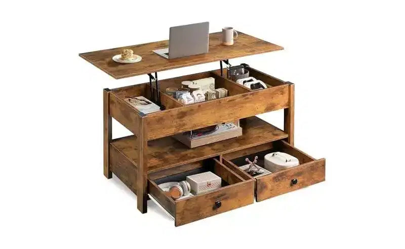 Tavolino da salotto DEXYLLO, Tavolino alzabile per soggiorno e sala da pranzo, Tavolino elevabile con 2 cassetti, Ampio spazio di archiviazione e ripiano aperto