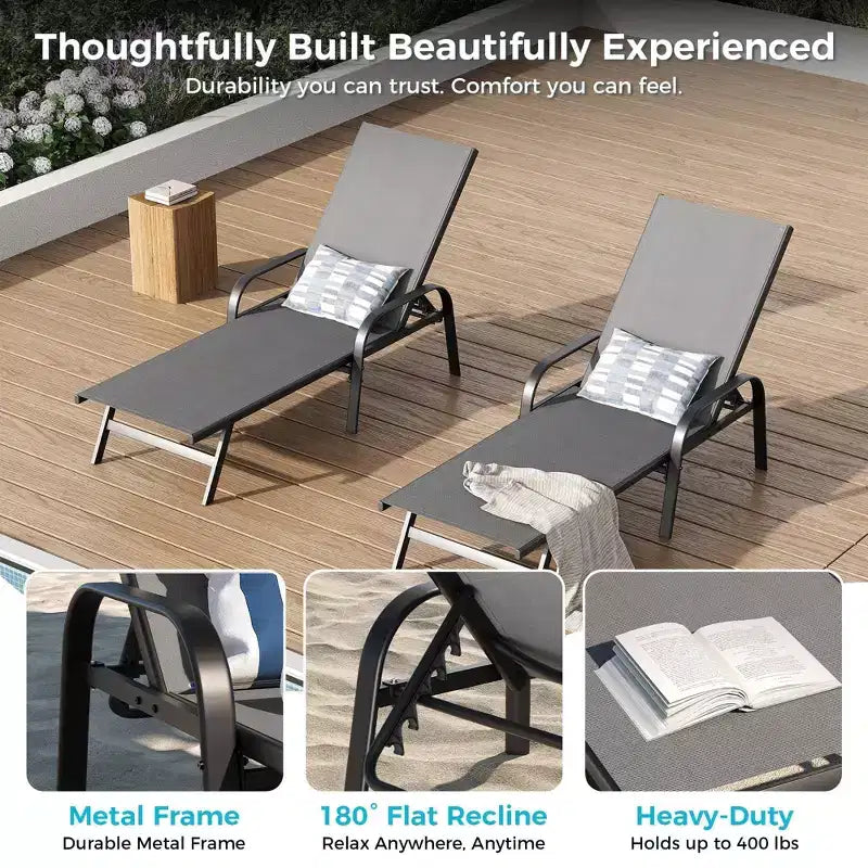 Outdoor Lounge Chair Set of 2,5-Position Reclining Patio Chaise,Breathable Textilene Fabric,Metal Frame, Patio Recliner for Garden, Balcony
