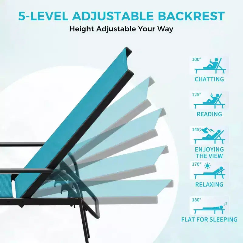 Outdoor Lounge Chair Set of 2,5-Position Reclining Patio Chaise,Breathable Textilene Fabric,Metal Frame, Patio Recliner for Garden, Balcony