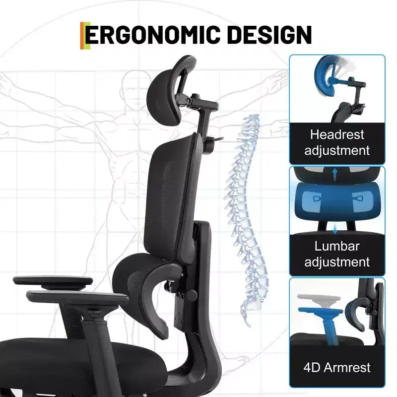 Sedia da ufficio/gaming ergonomica con schienale alto in rete, portata massima 180 kg con braccioli ribaltabili, poggiatesta, supporto lombare e gambe regolabili, reclinabile