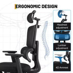 Sedia da ufficio/gaming ergonomica con schienale alto in rete, portata massima 180 kg con braccioli ribaltabili, poggiatesta, supporto lombare e gambe regolabili, reclinabile