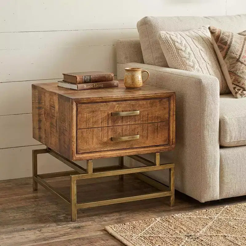 HomeRoots 21 Brass And Brown Solid Wood And Iron Square End Table With Drawer