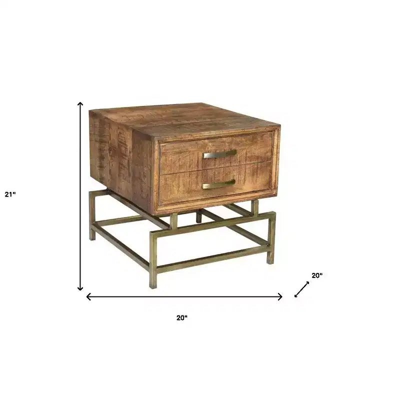 HomeRoots 21 Brass And Brown Solid Wood And Iron Square End Table With Drawer