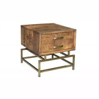 HomeRoots 21 Brass And Brown Solid Wood And Iron Square End Table With Drawer