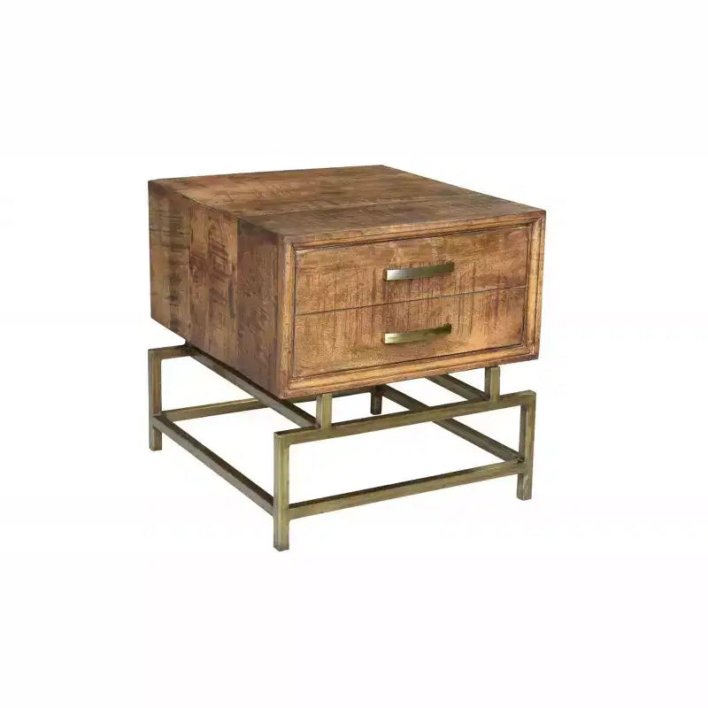HomeRoots 21 Brass And Brown Solid Wood And Iron Square End Table With Drawer