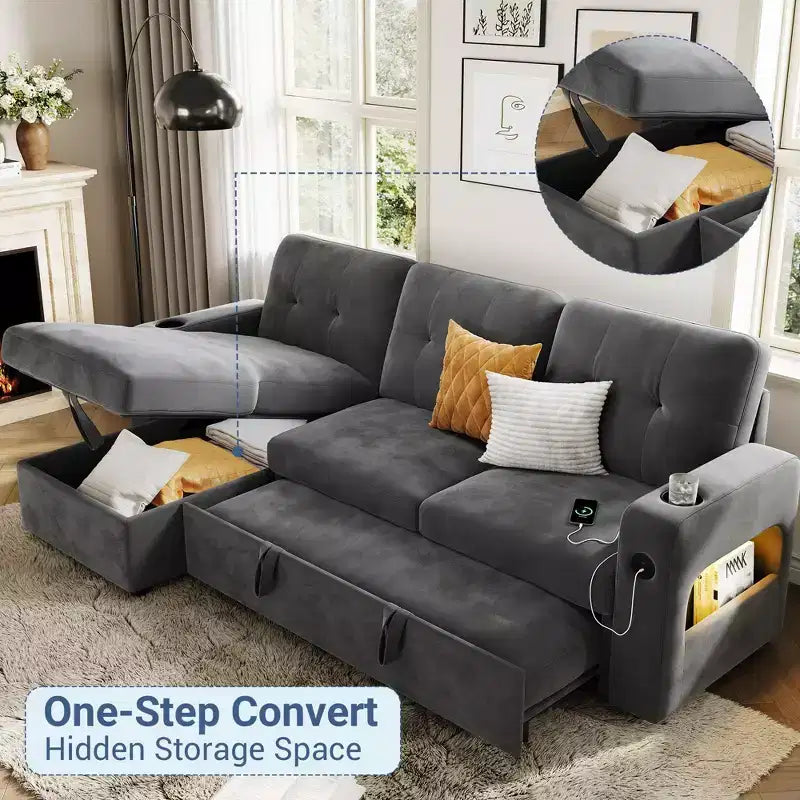 Divano letto a 84 pollici con contenitore e stazione di ricarica, divano letto componibile convertibile con letto estraibile, divano in velluto per soggiorno