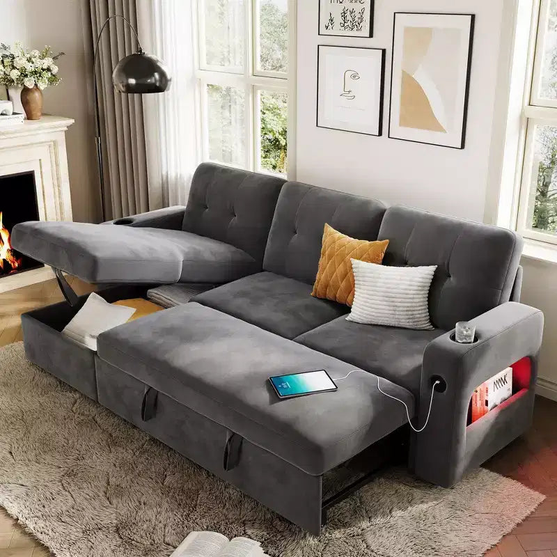 84 Sleeper Sofa with Storage & Charging Station, Convertible Sectional Sofa Bed with Pull-Out Bed, Velvet Couch for Living Room